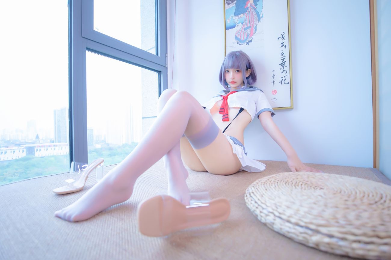 微博美少女神楽板真冬Cosplay性感写真灰丝吊带JK (52)