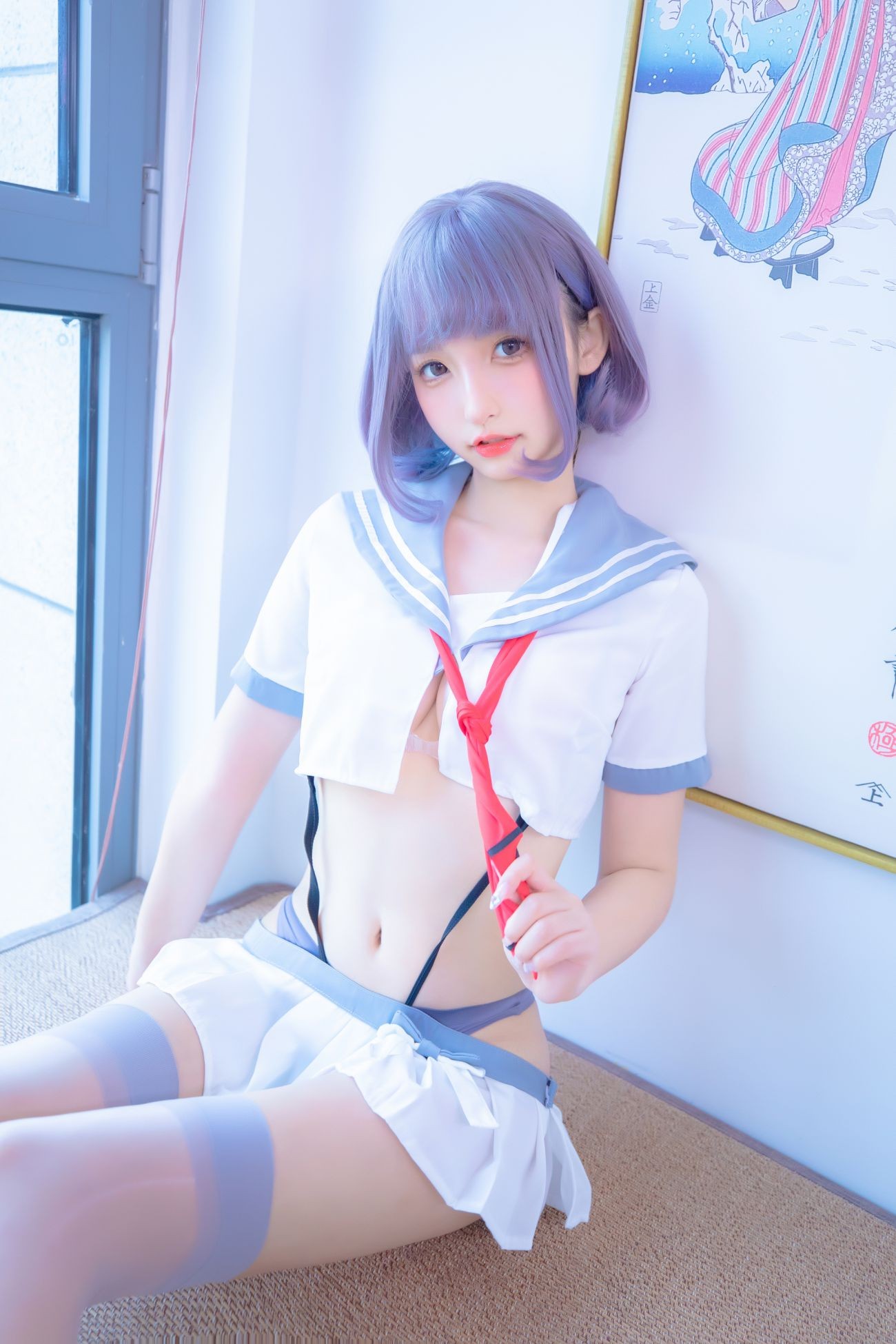 微博美少女神楽板真冬Cosplay性感写真灰丝吊带JK (10)