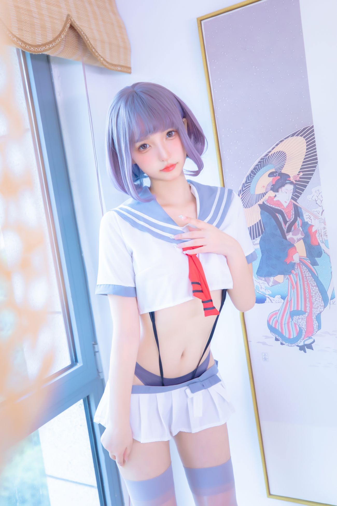 微博美少女神楽板真冬Cosplay性感写真灰丝吊带JK (5)