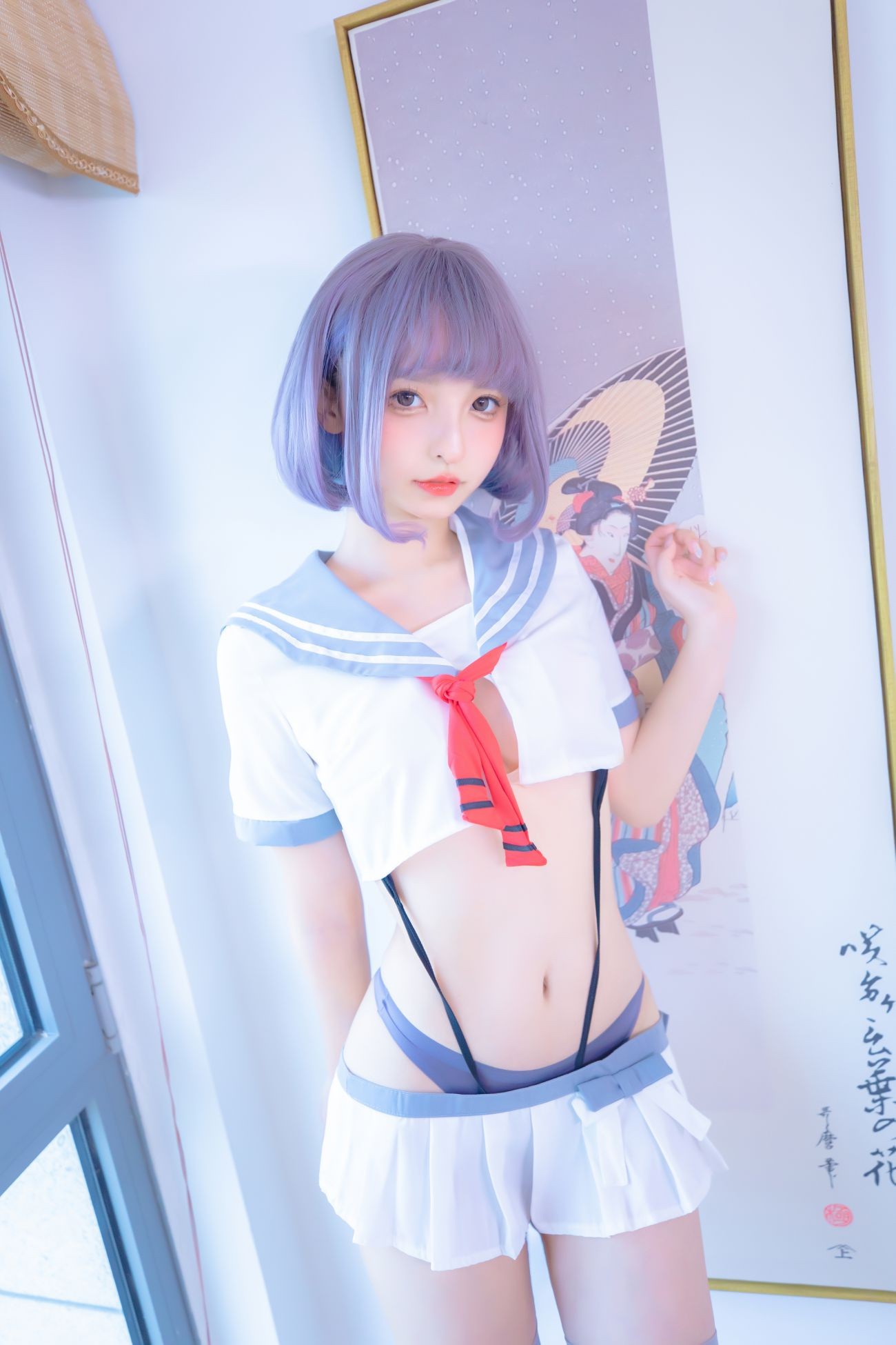 微博美少女神楽板真冬Cosplay性感写真灰丝吊带JK (6)